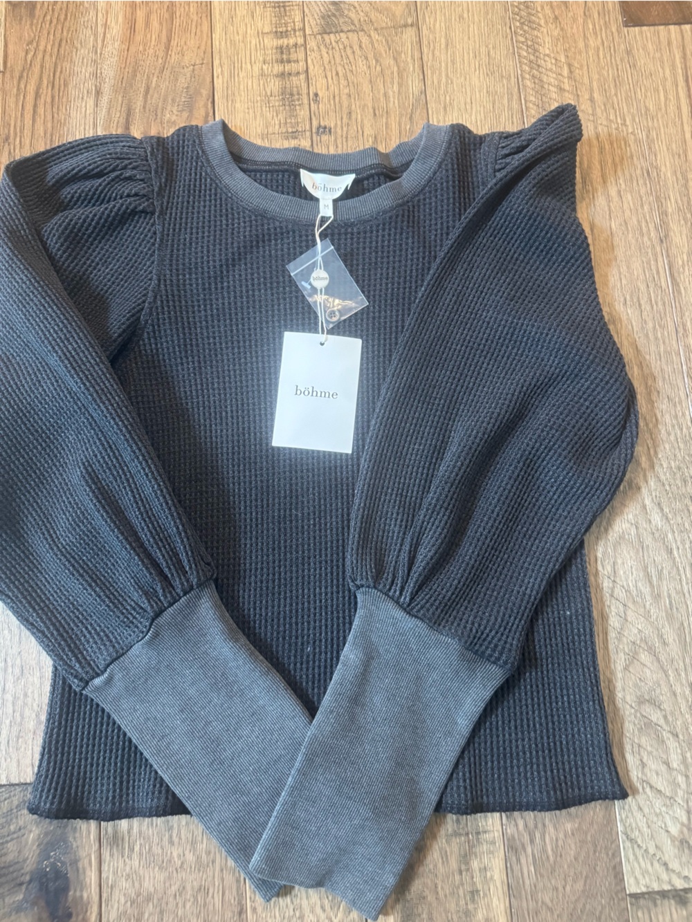 böhme Black Puff-Sleeve Waffle Knit Top